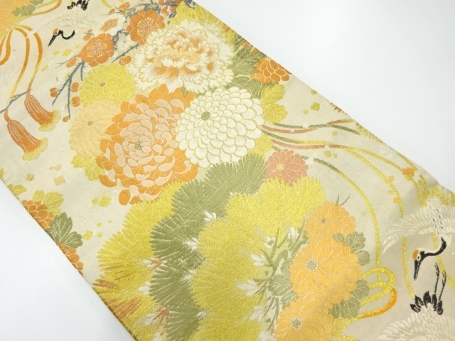 JAPANESE KIMONO / ANTIQUE MARU OBI / WOVEN FLORAL KUSUDAMA